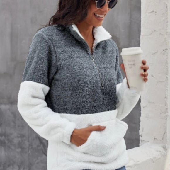 CHARCOAL / WHITE ZIP NECK FLUFFY FLEECE PULLOVER - Picture 2 of 6